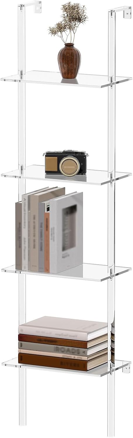 Clear 4-Tier Wall Mount Ladder Acrylic Bookshelf
