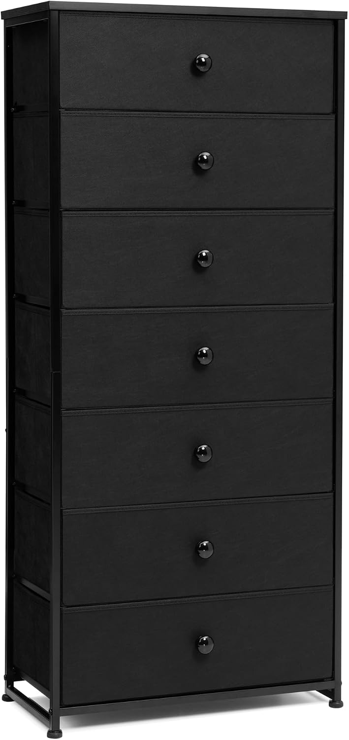 Black 7 Drawer Fabric Wood Top Tall Dresser