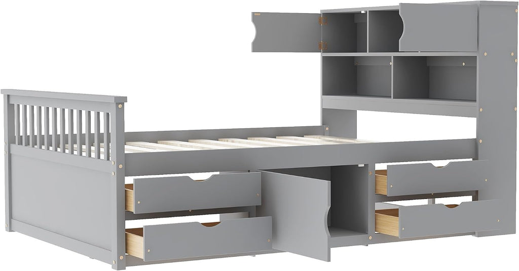 Grey Full Bookcase Storage Wood Bed