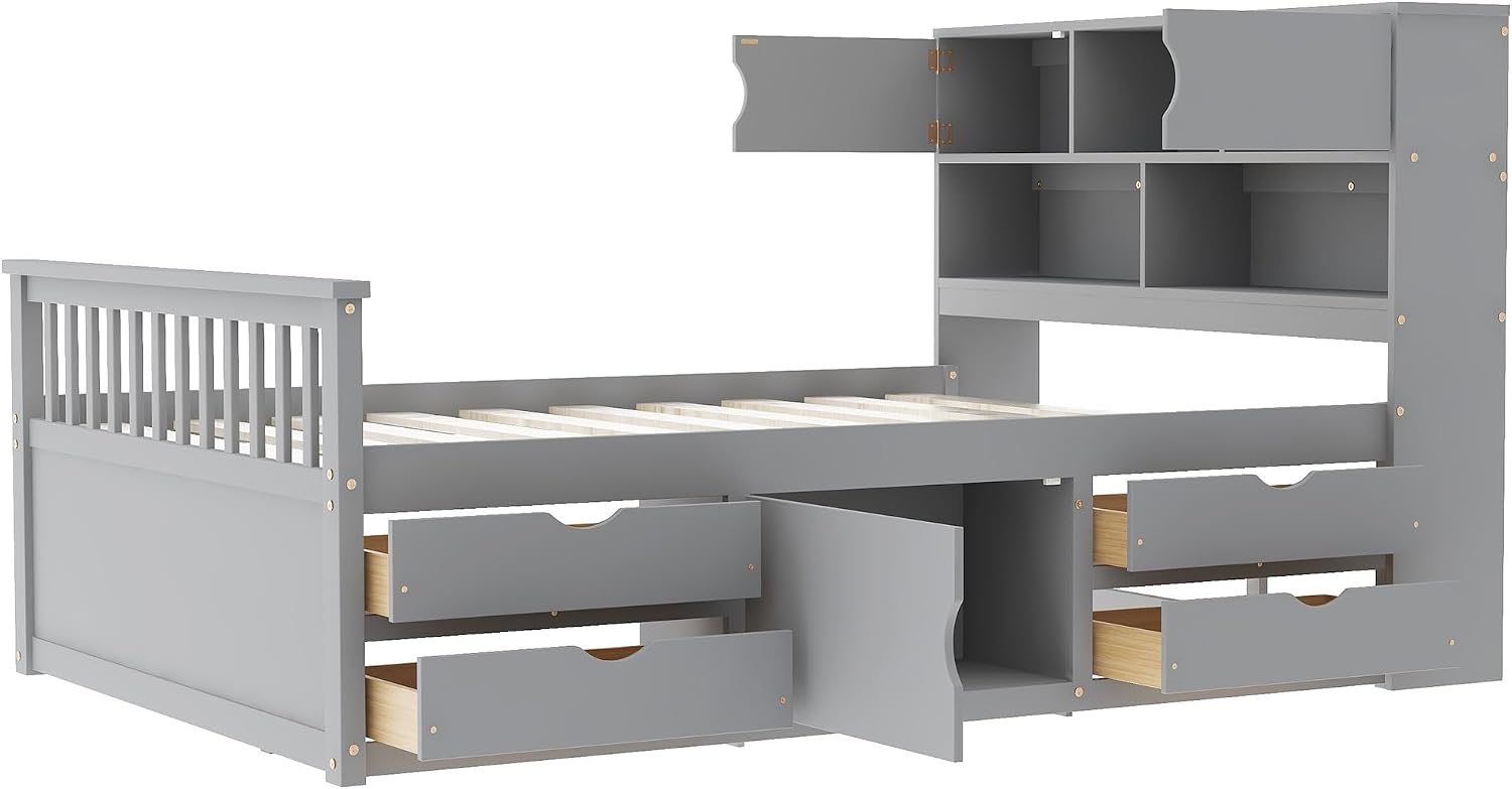 Grey Full Bookcase Storage Wood Bed