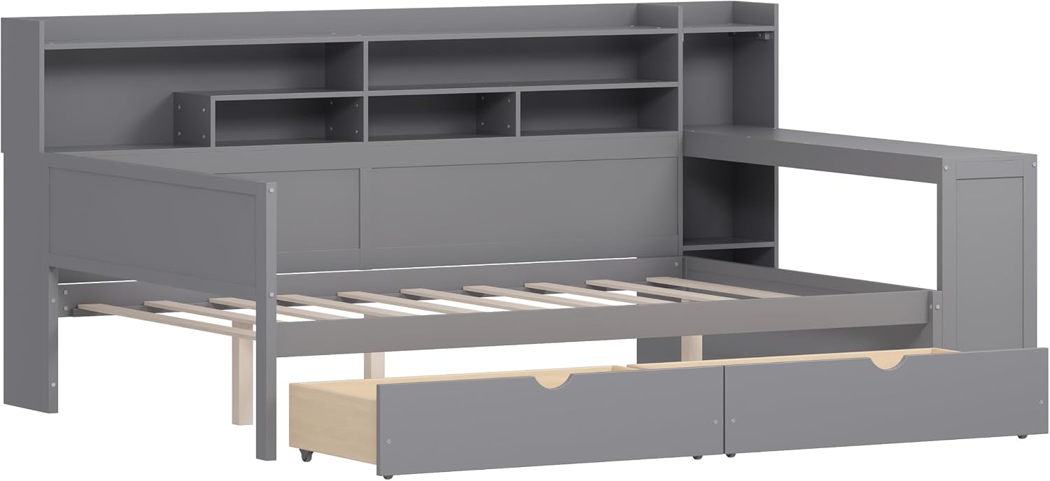 Gray Full Daybed Desk Storage Drawer Bed Frame