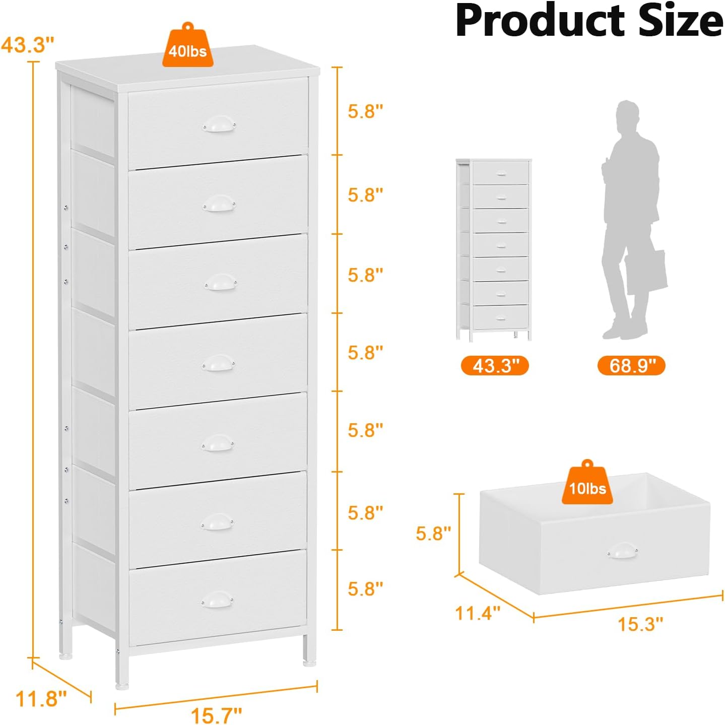 White 7 Drawer Fabric Tall Dresser
