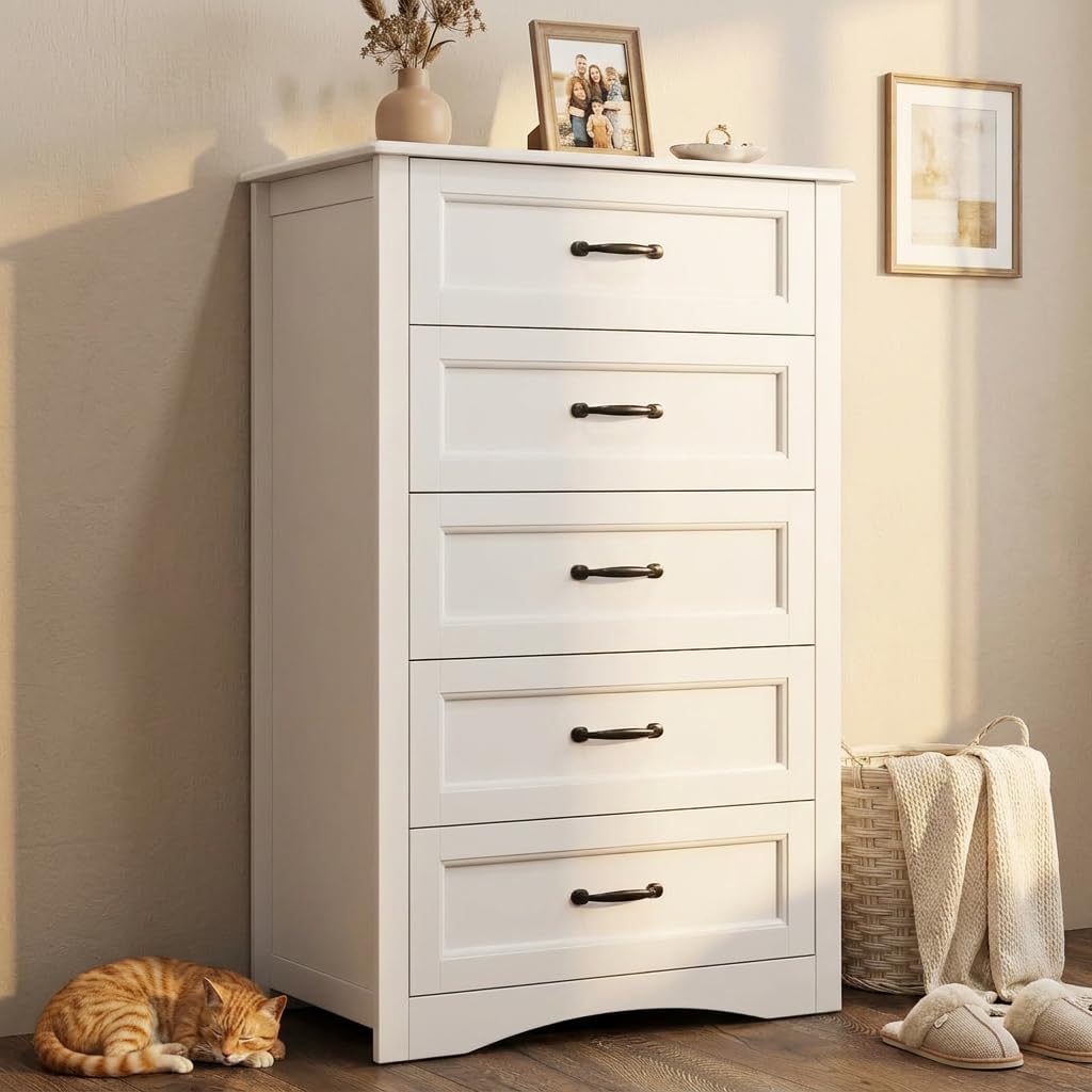 White 5 Drawer Large Bedroom Storage Dresser