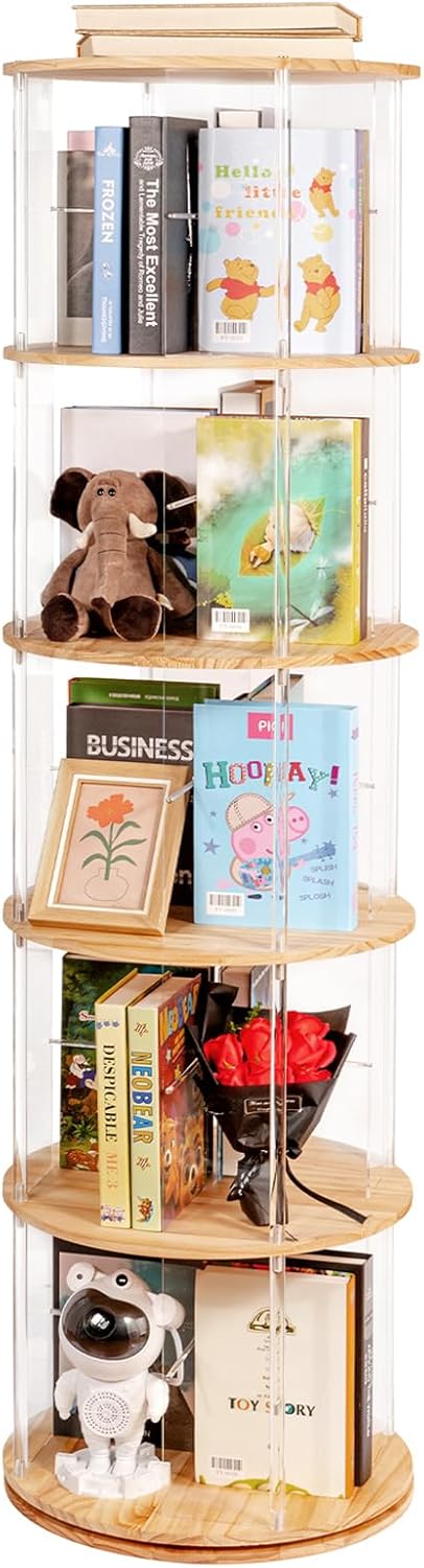 5-Tier Rotating Wood Acrylic Bookshelf