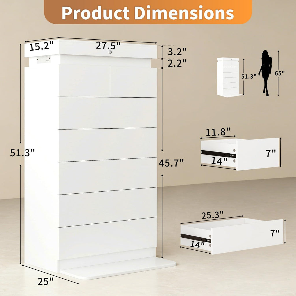 White 7 Drawer LED Charging Tall Dresser