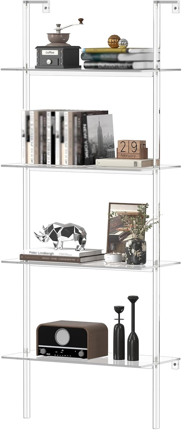 Clear 4-Tier Wall Mount Ladder Acrylic Bookshelf