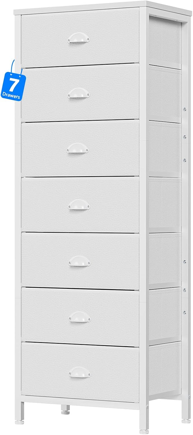 White 7 Drawer Fabric Tall Dresser