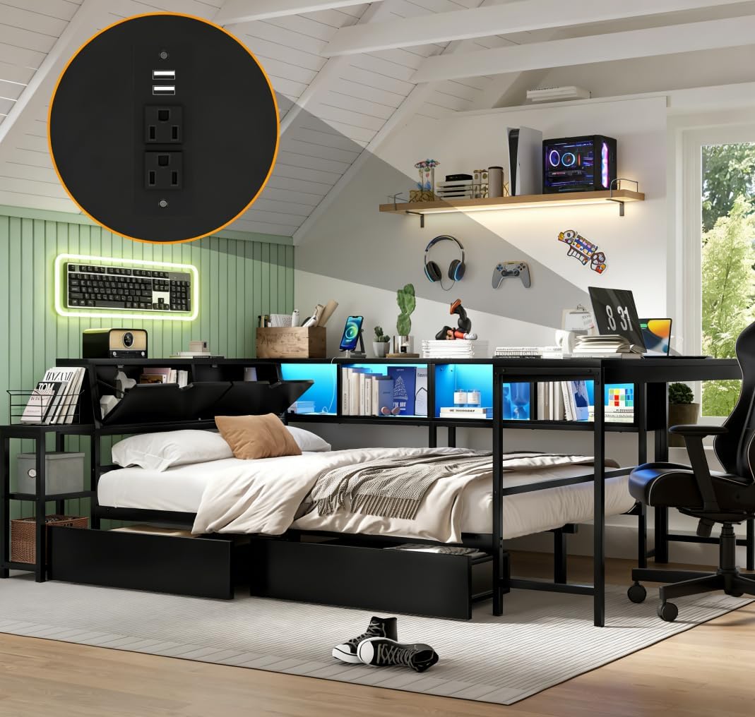 Black Full LED Desk Storage Daybed