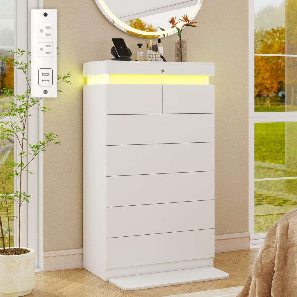 White 7 Drawer LED Charging Tall Dresser