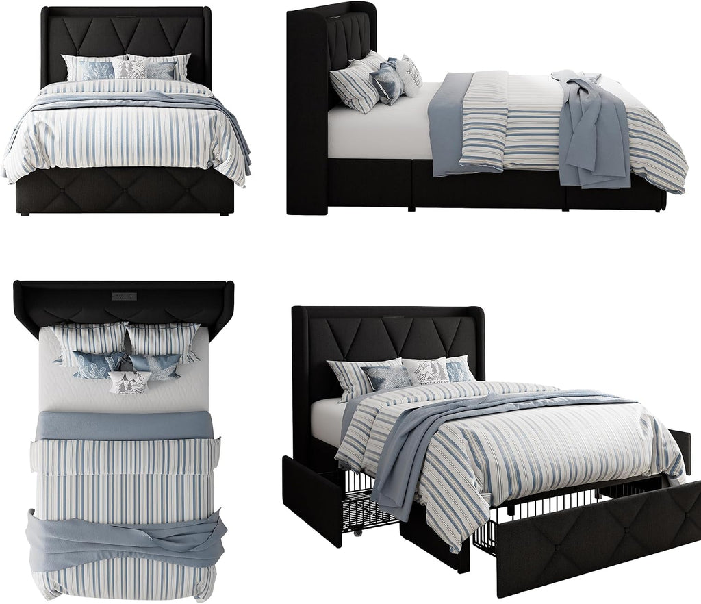 Black Twin Charging Storage Bed Frame