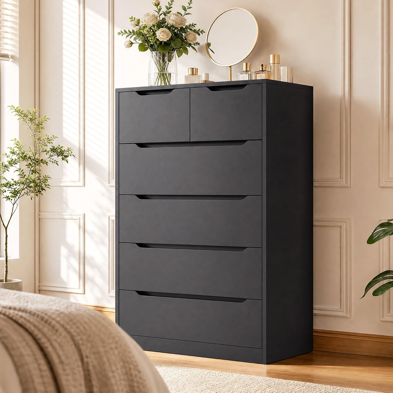 Black Handle-Free 6 Drawer Dresser