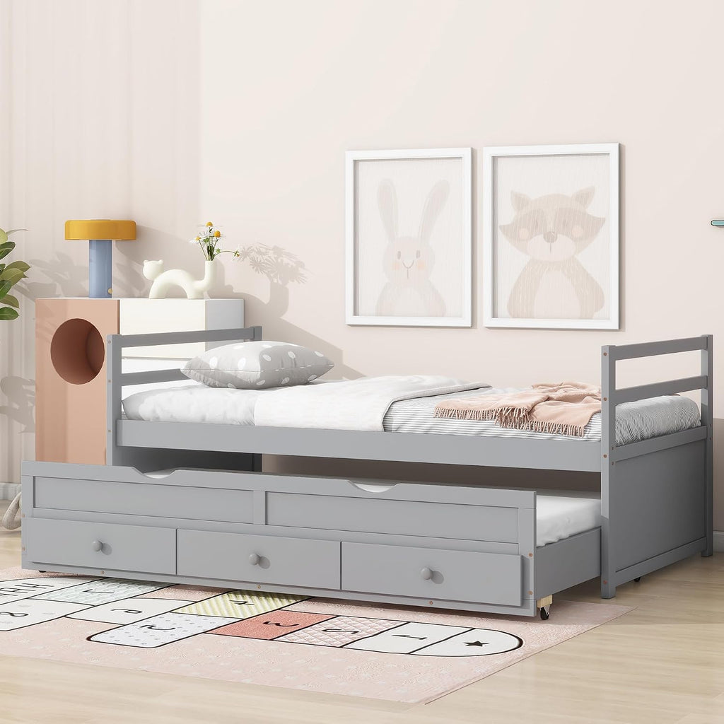 Gray Twin Trundle Storage Bed Frame