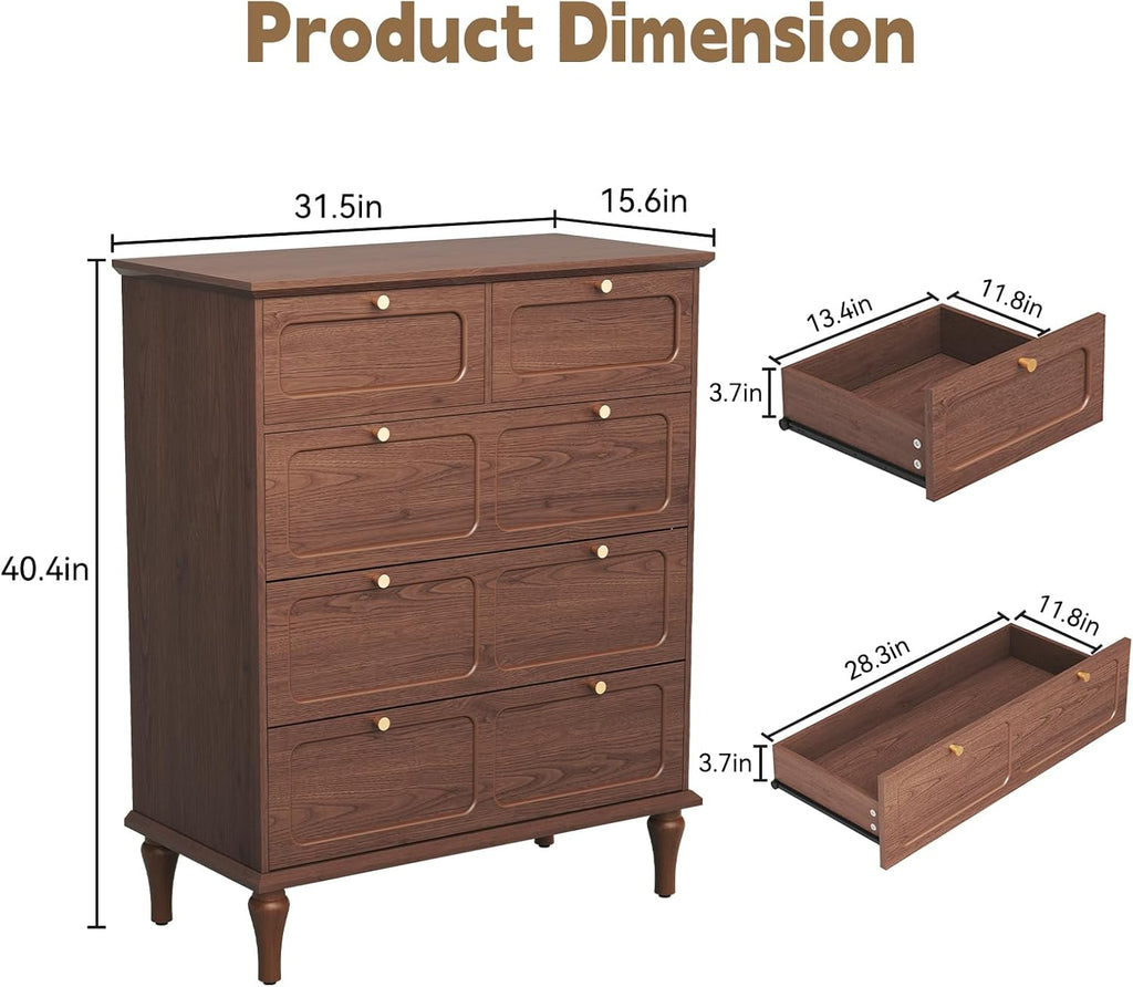 Brown 5 Drawer Wood Leg Vertical Dresser