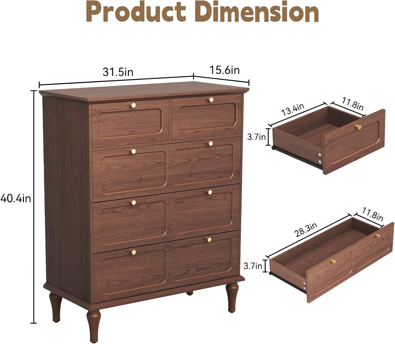 Brown 5 Drawer Wood Leg Vertical Dresser