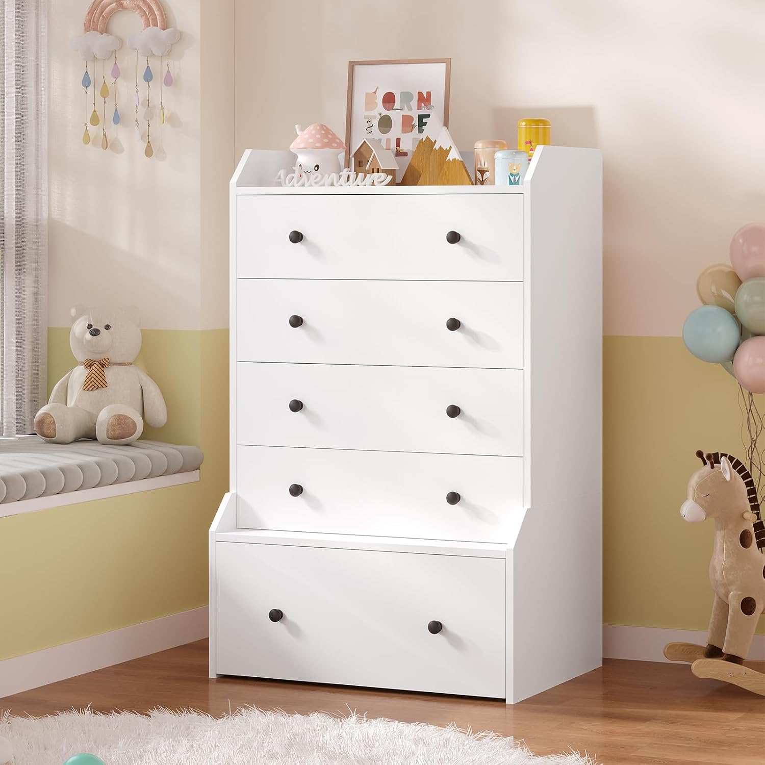 White 5 Drawer Tall Vertical Bedroom Dresser