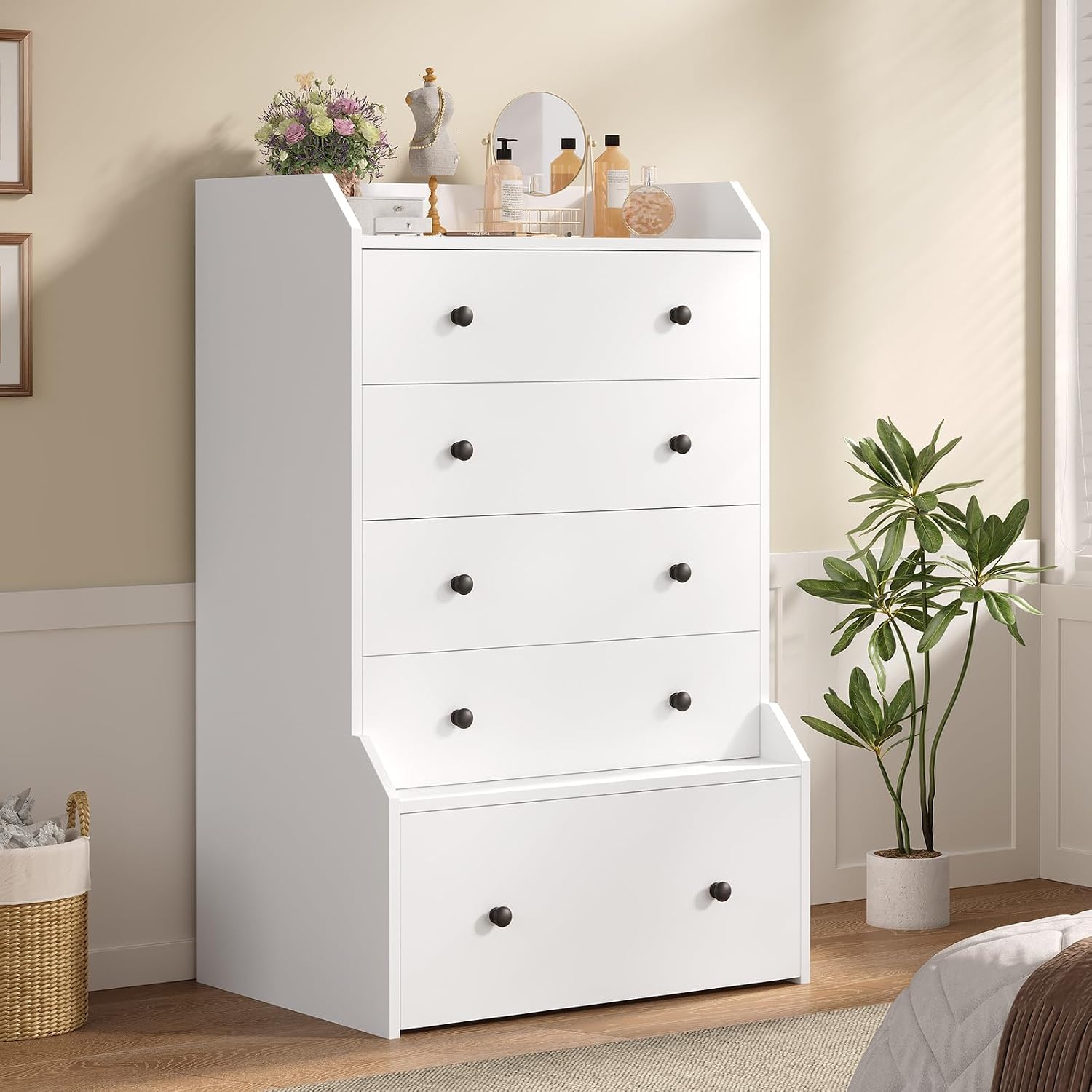 White 5 Drawer Tall Vertical Bedroom Dresser