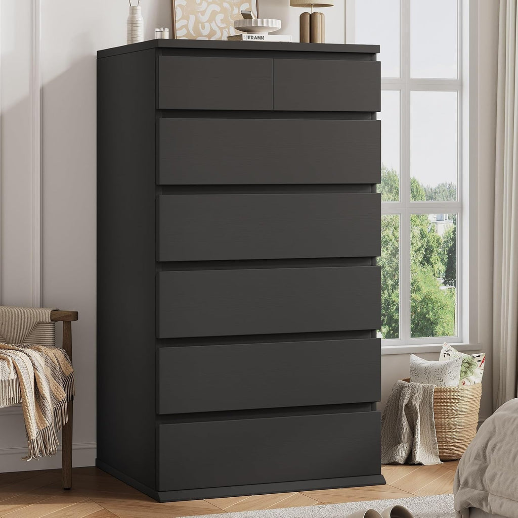 Black 7 Drawer Tall Wood Vertical Bedroom Dresser
