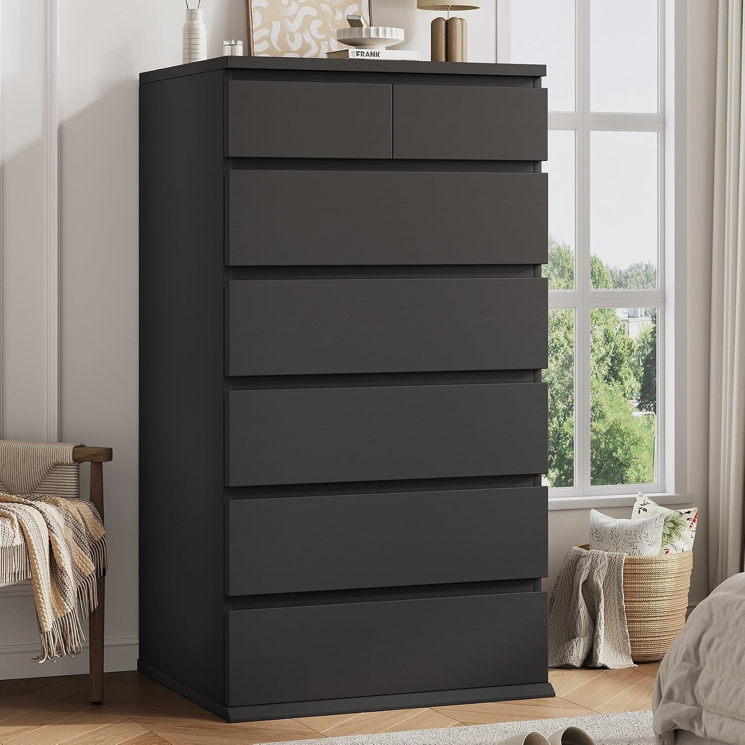 Black 7 Drawer Tall Wood Vertical Bedroom Dresser