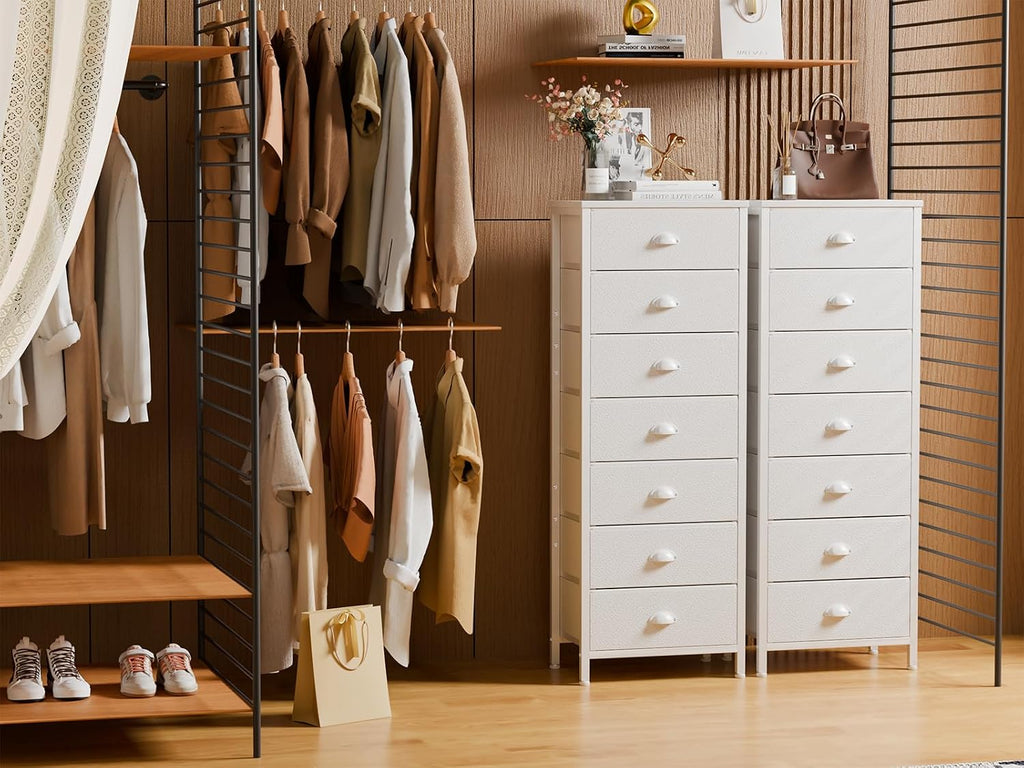White 7 Drawer Fabric Tall Dresser