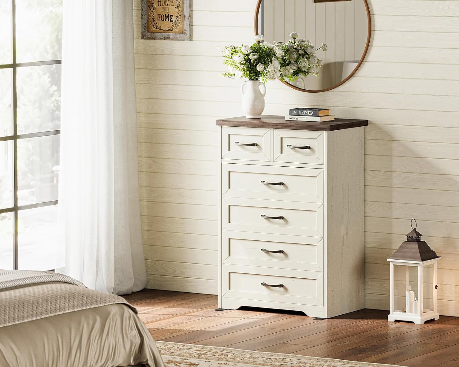 Farmhouse 6 Drawer Walnut White Tall Dresser