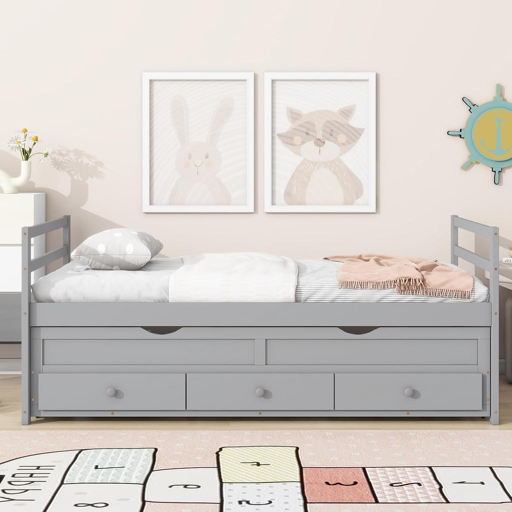 Gray Twin Trundle Storage Bed Frame