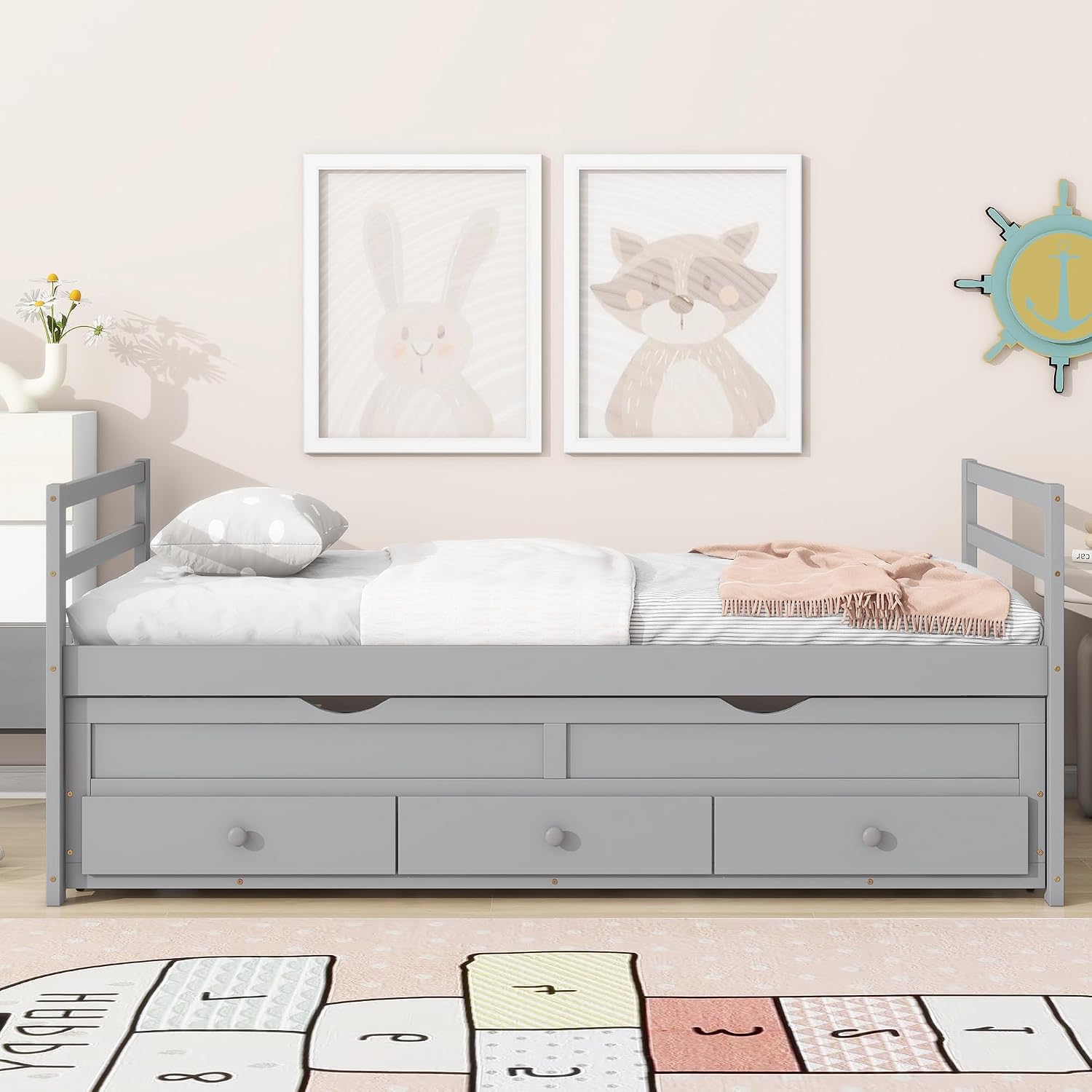 Gray Twin Trundle Storage Bed Frame