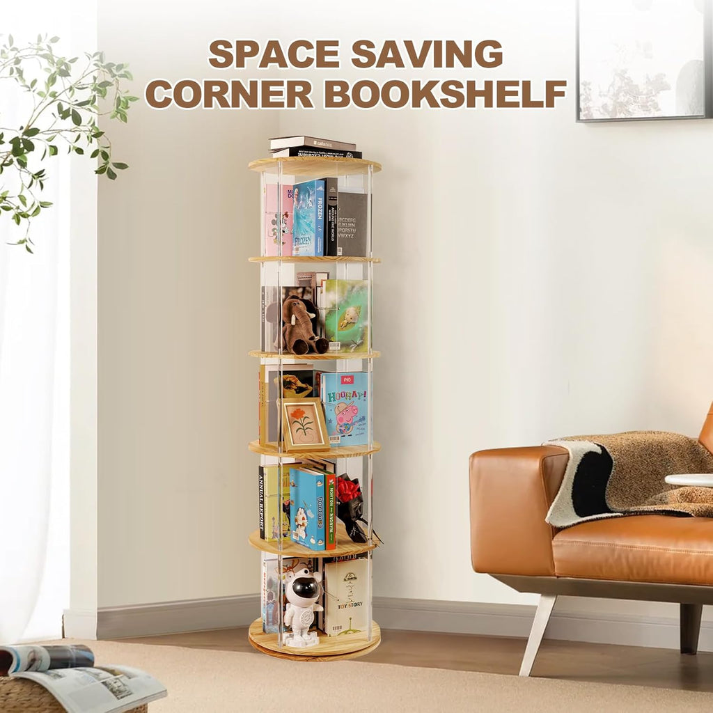 5-Tier Rotating Wood Acrylic Bookshelf