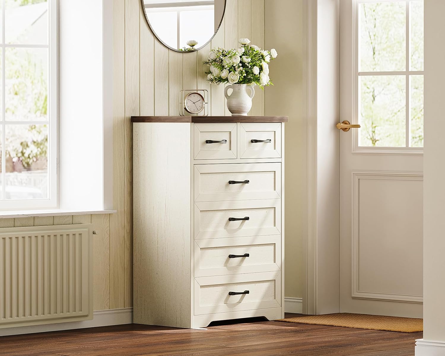 Farmhouse 6 Drawer Walnut White Tall Dresser