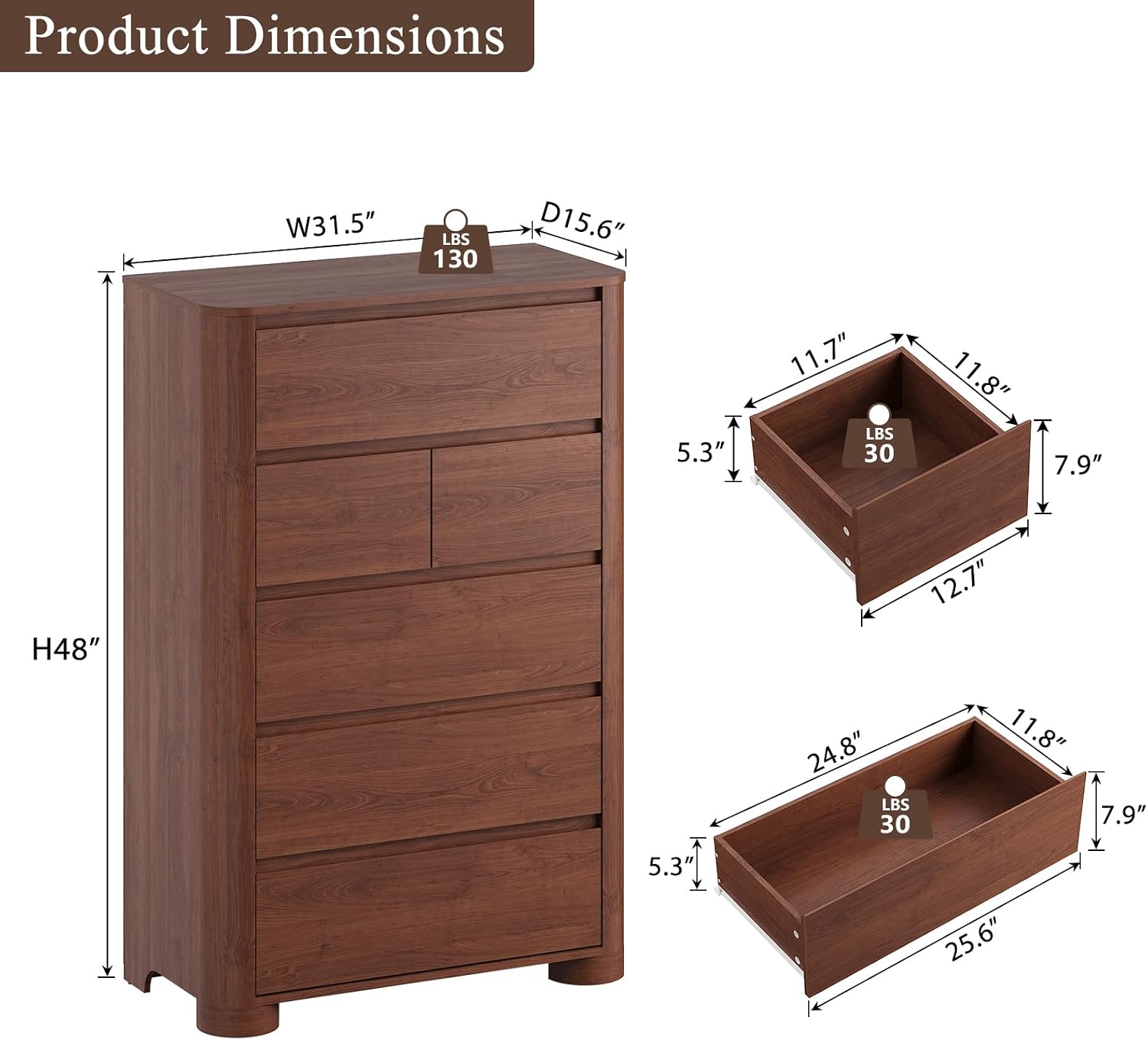 Walnut 6 Drawer Tall Bedroom Dresser