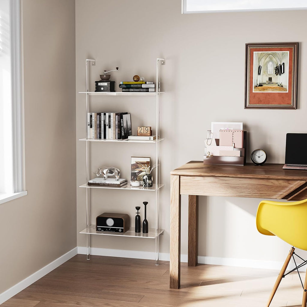 Clear 4-Tier Wall Mount Ladder Acrylic Bookshelf