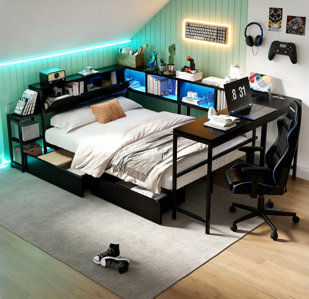 Black Full LED Desk Storage Daybed