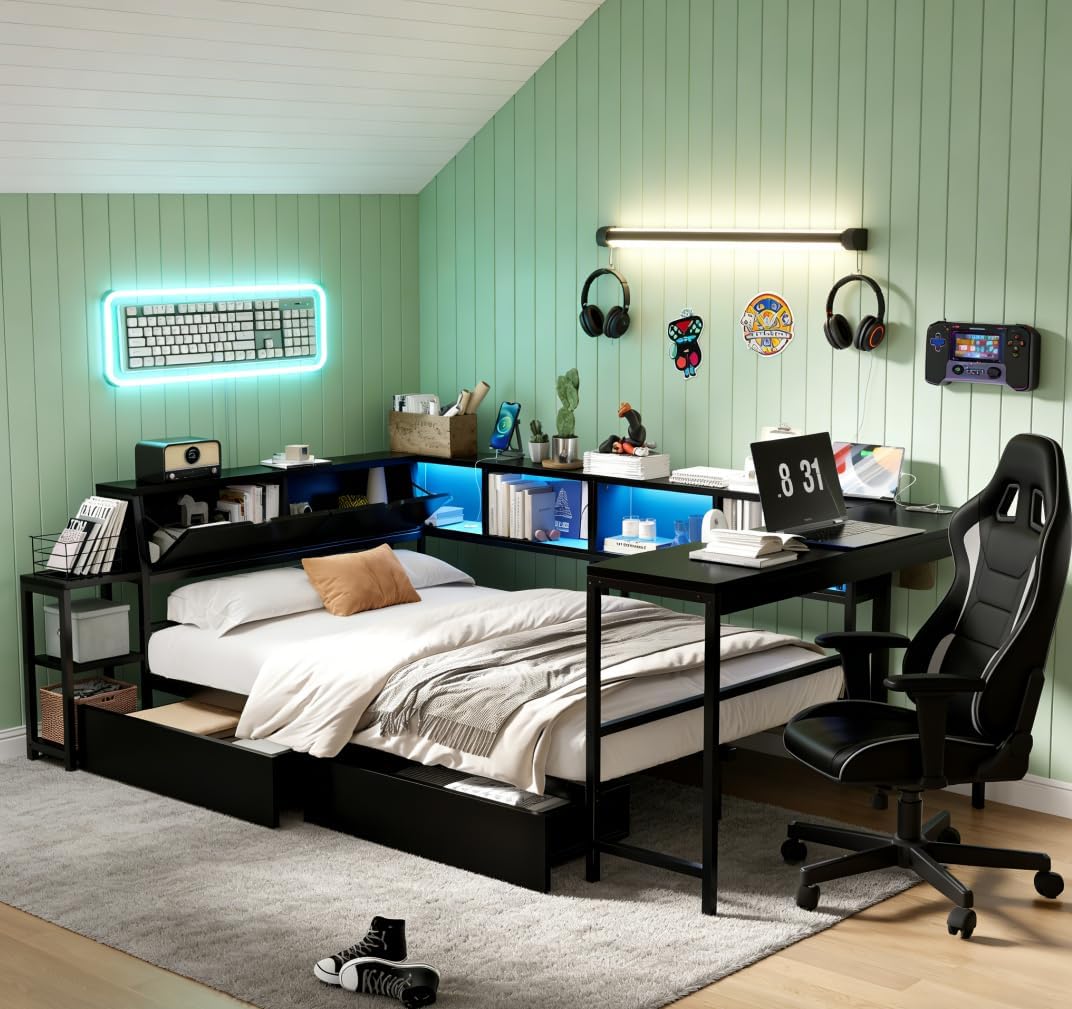 Black Full LED Desk Storage Daybed