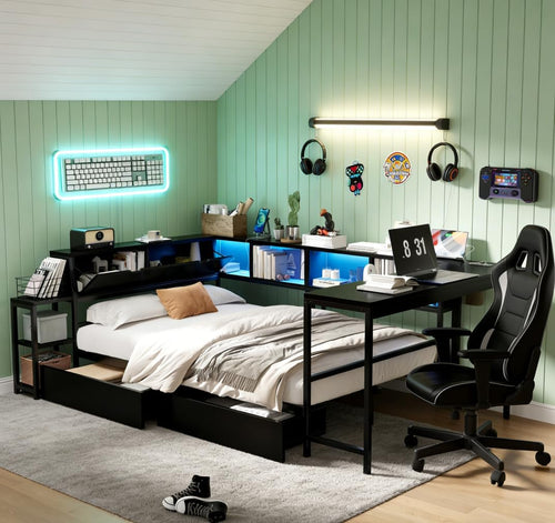 Black Full LED Desk Storage Daybed