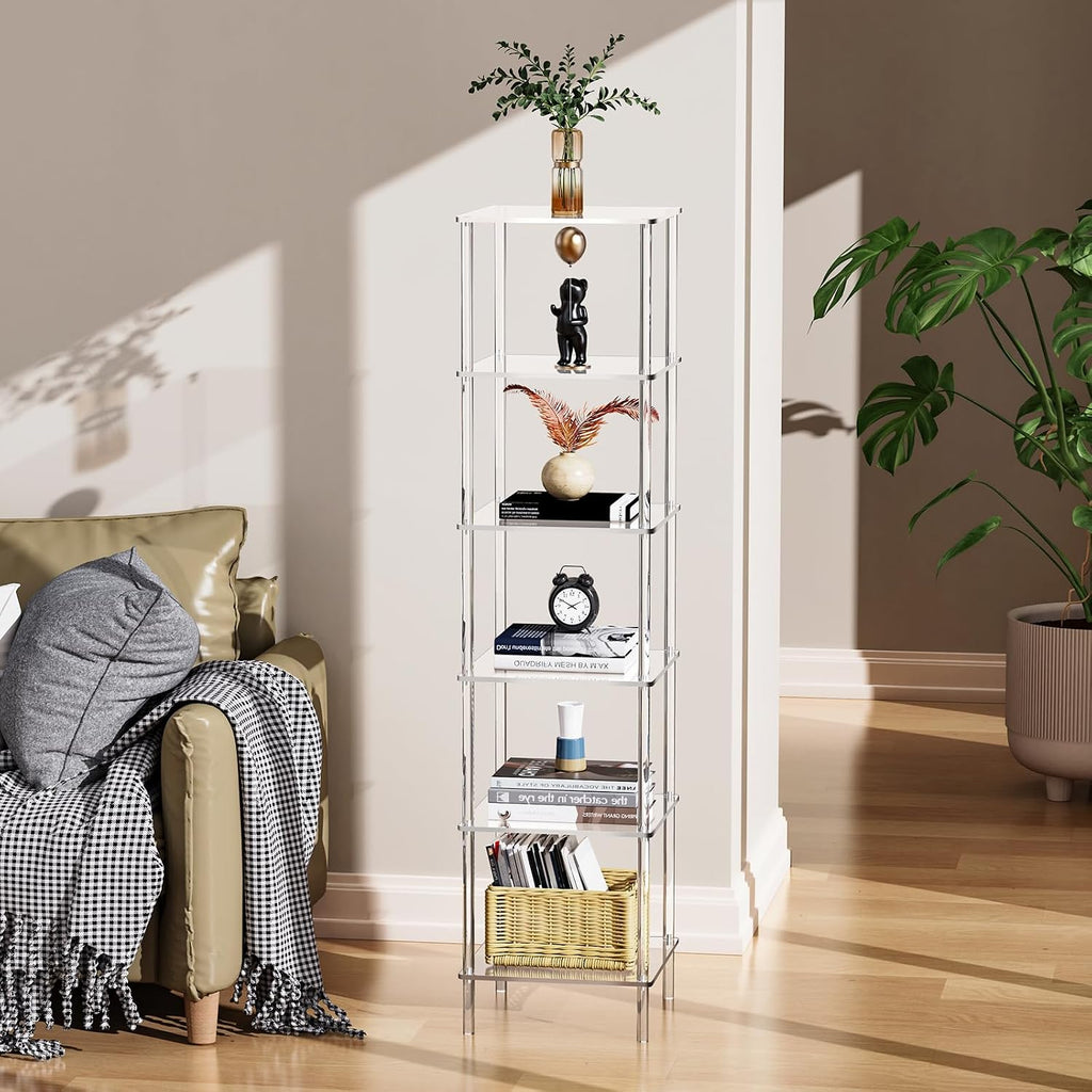 Clear 6-Tier Freestanding Corner Acrylic Bookshelf