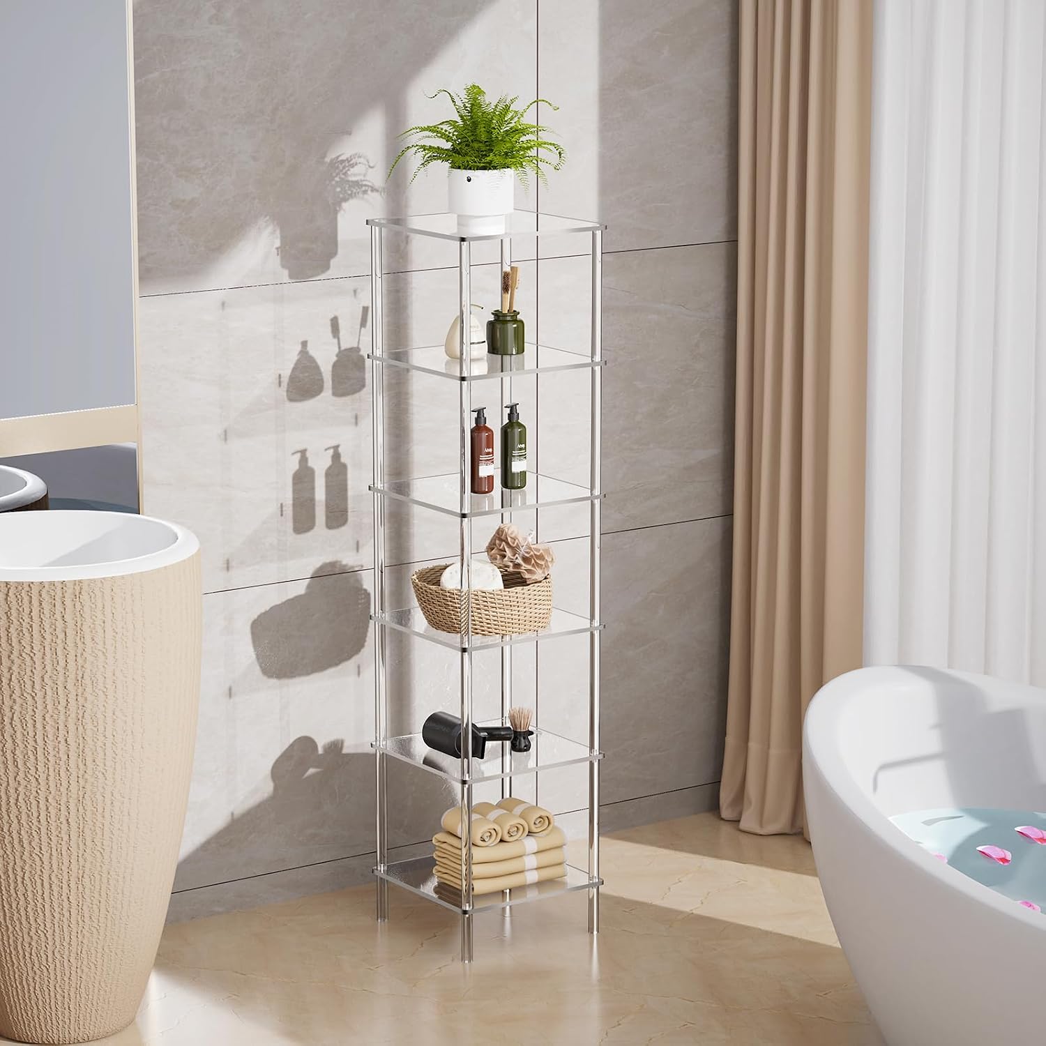 Clear 6-Tier Freestanding Corner Acrylic Bookshelf