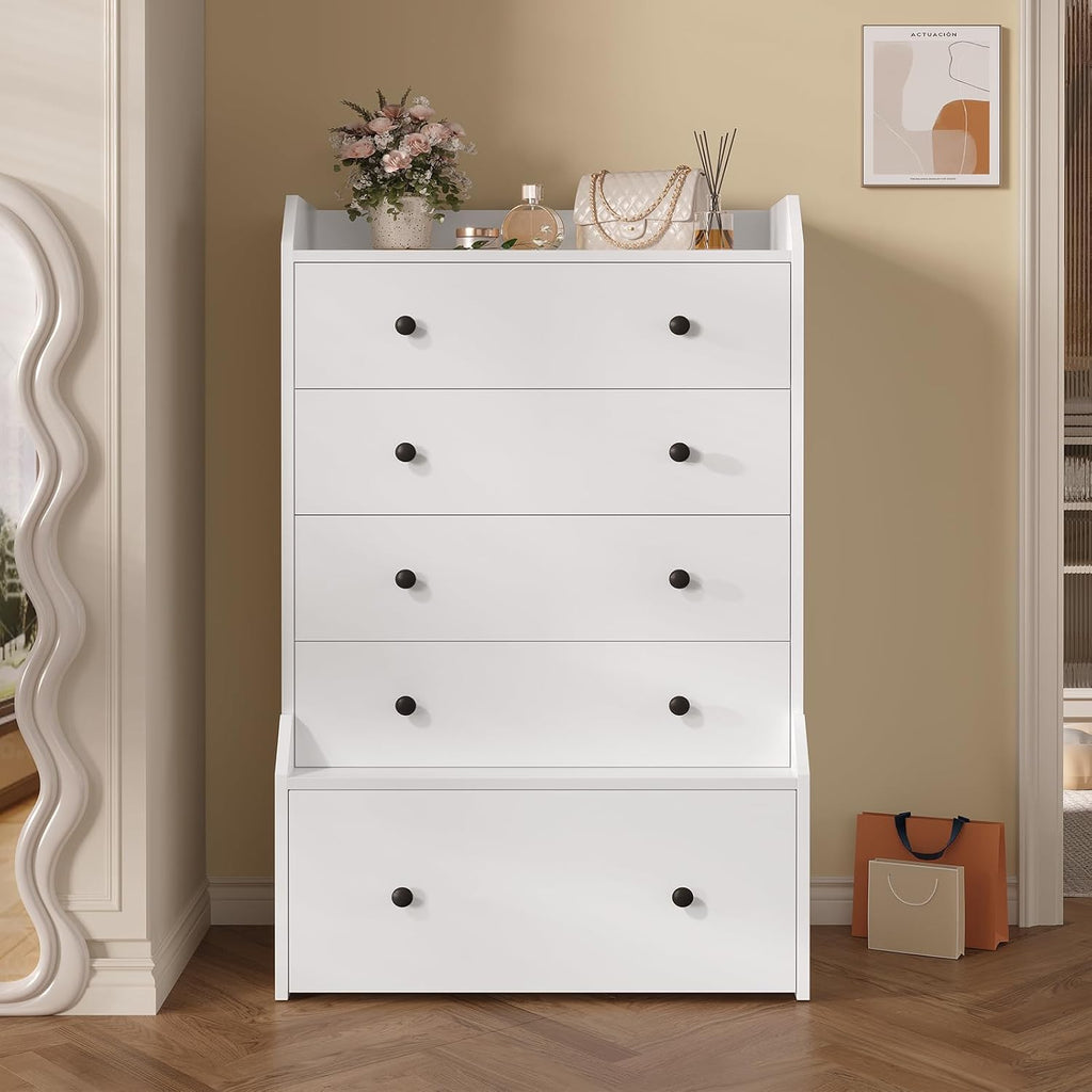 White 5 Drawer Tall Vertical Bedroom Dresser