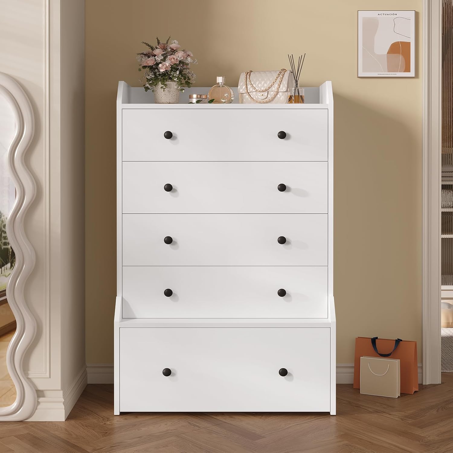 White 5 Drawer Tall Vertical Bedroom Dresser