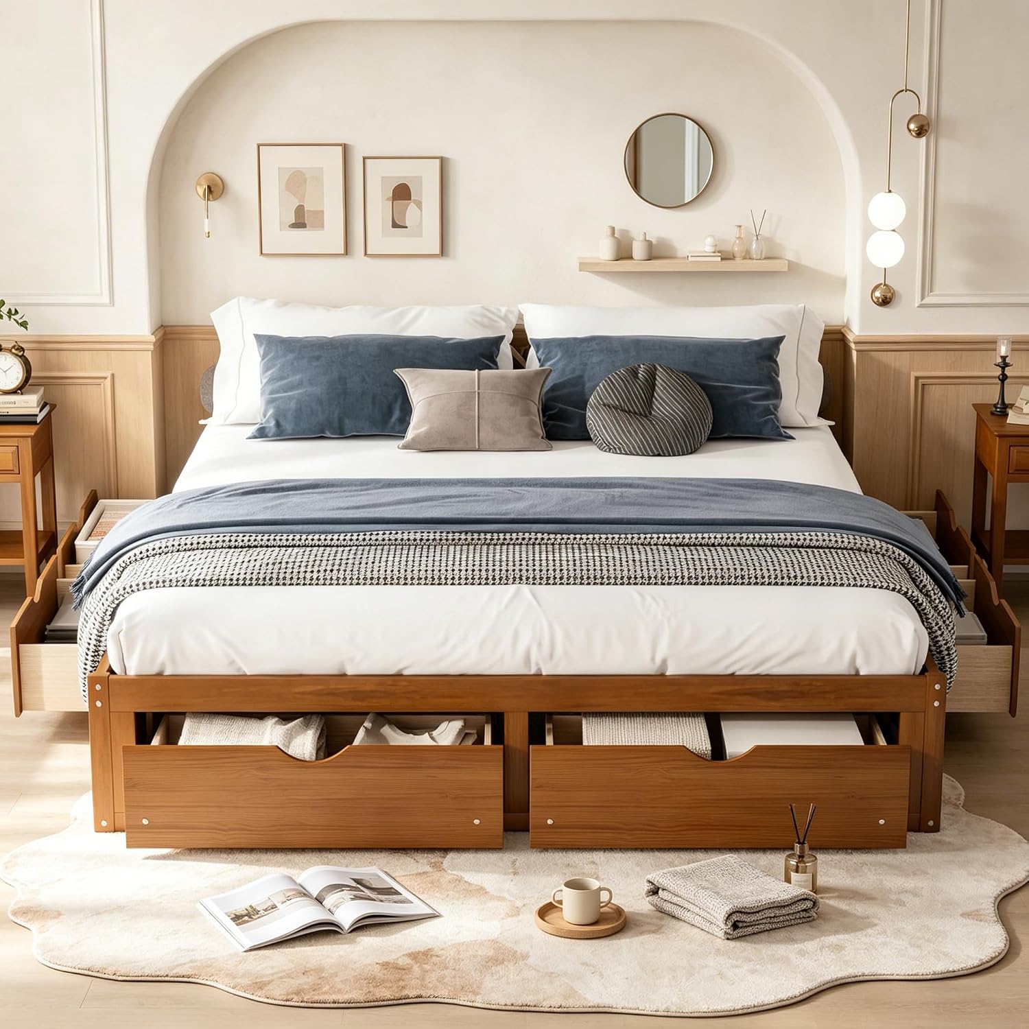 Walnut King Solid Wood Storage Platform Bed