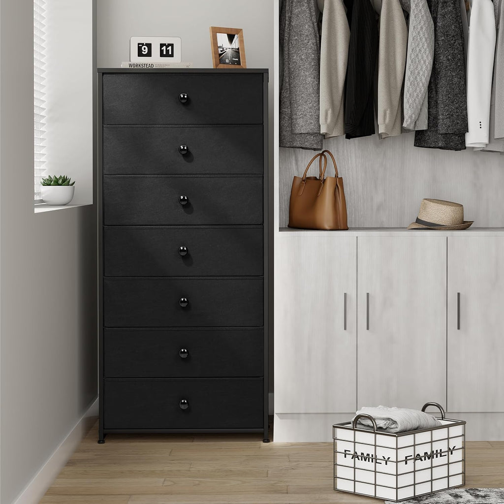 Black 7 Drawer Fabric Wood Top Tall Dresser