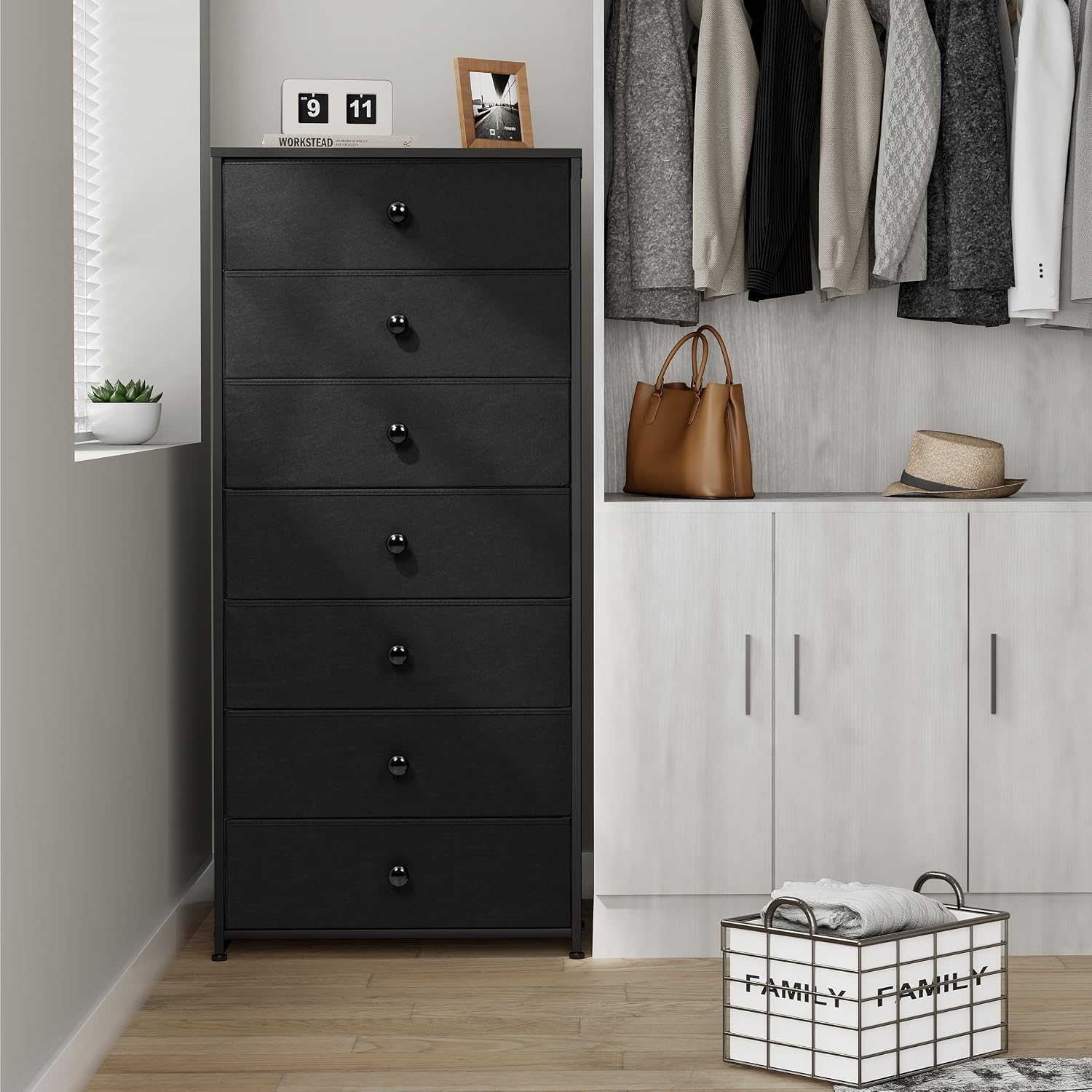 Black 7 Drawer Fabric Wood Top Tall Dresser