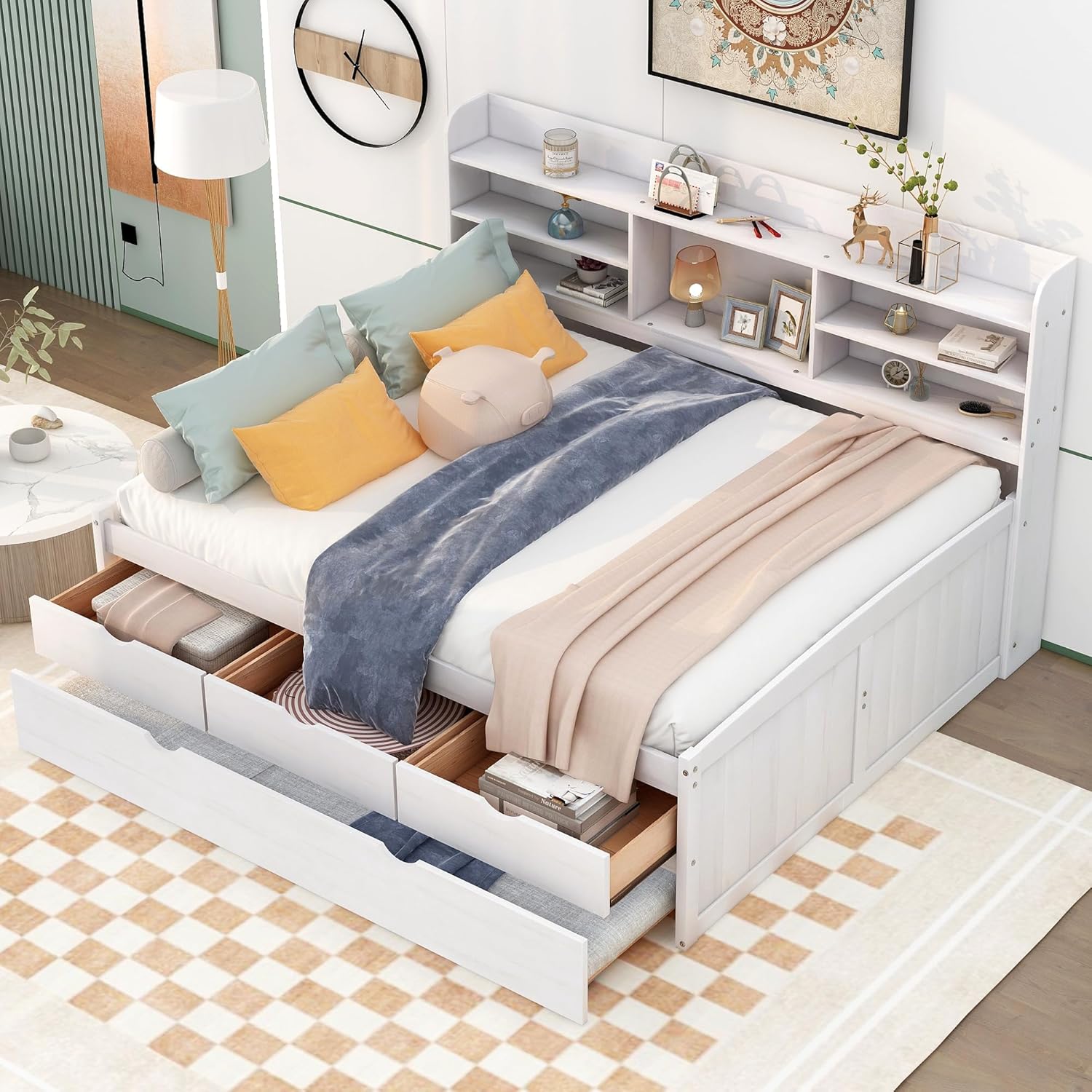White Full Trundle Storage Daybed Frame
