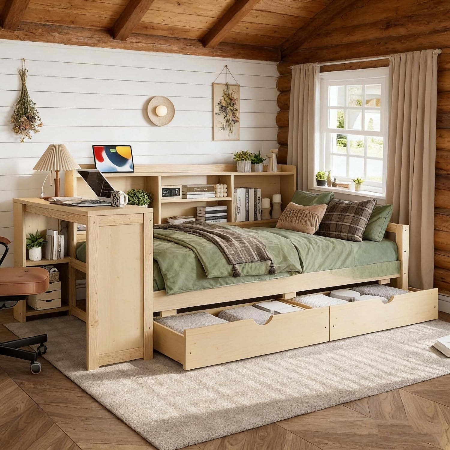 Natural Twin Desk Storage Daybed