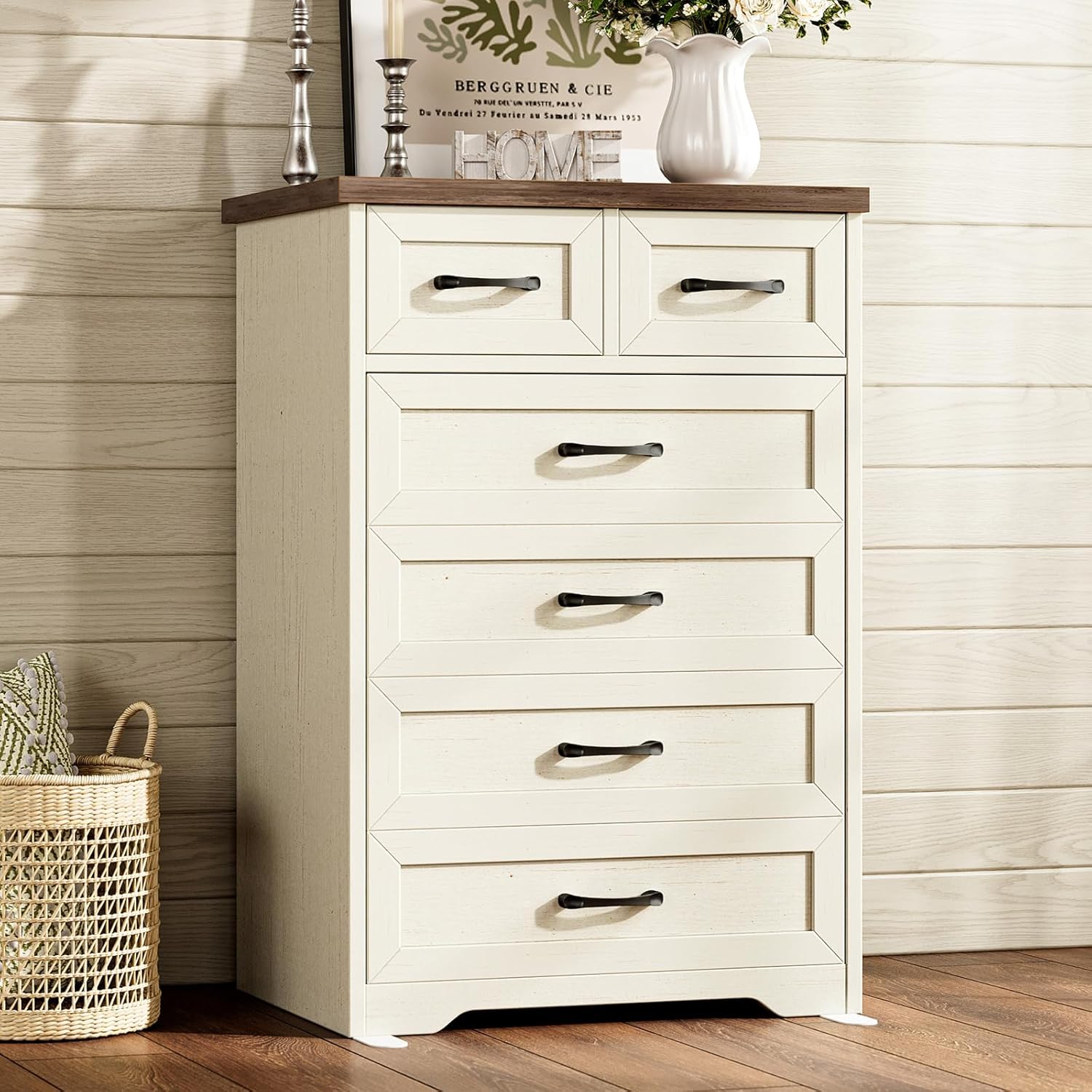 Farmhouse 6 Drawer Walnut White Tall Dresser