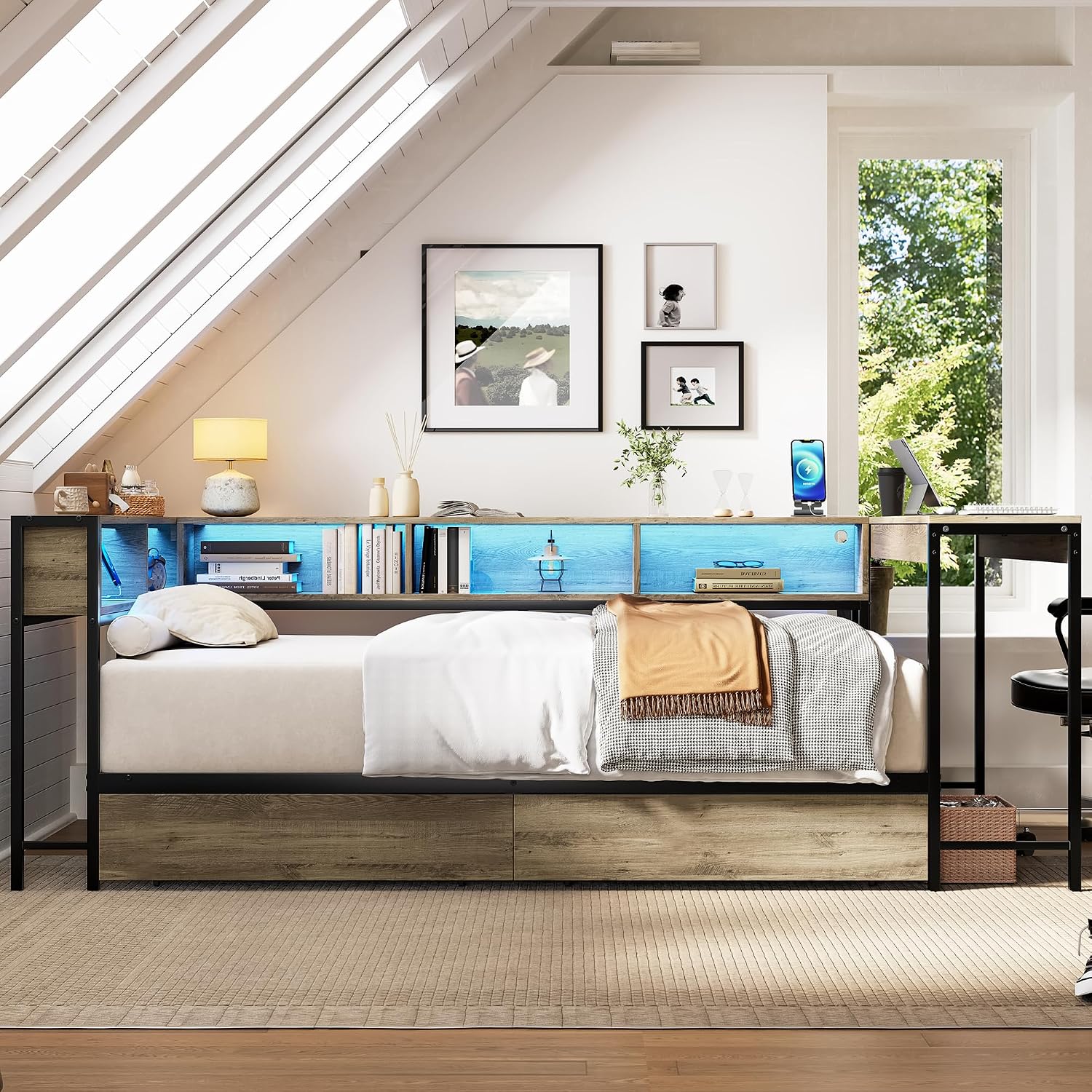 Grey Full LED Desk Storage Daybed