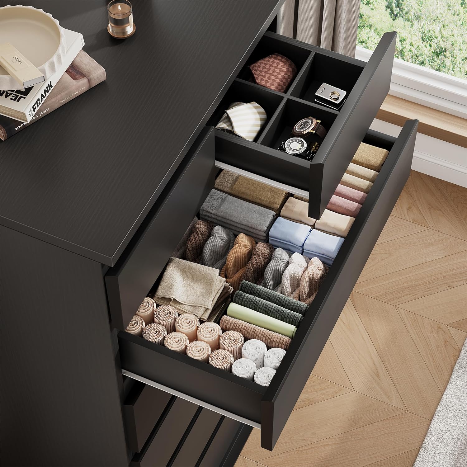 Black 7 Drawer Tall Wood Vertical Bedroom Dresser