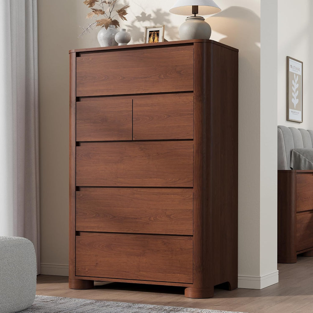 Walnut 6 Drawer Tall Bedroom Dresser