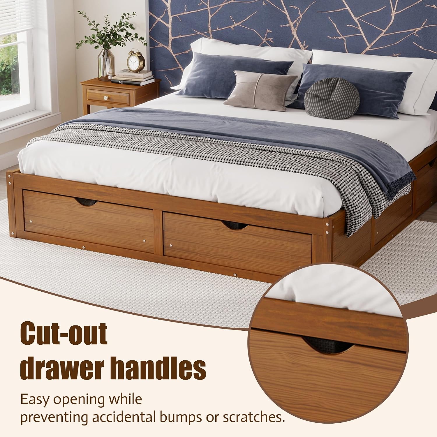 Walnut King Solid Wood Storage Platform Bed