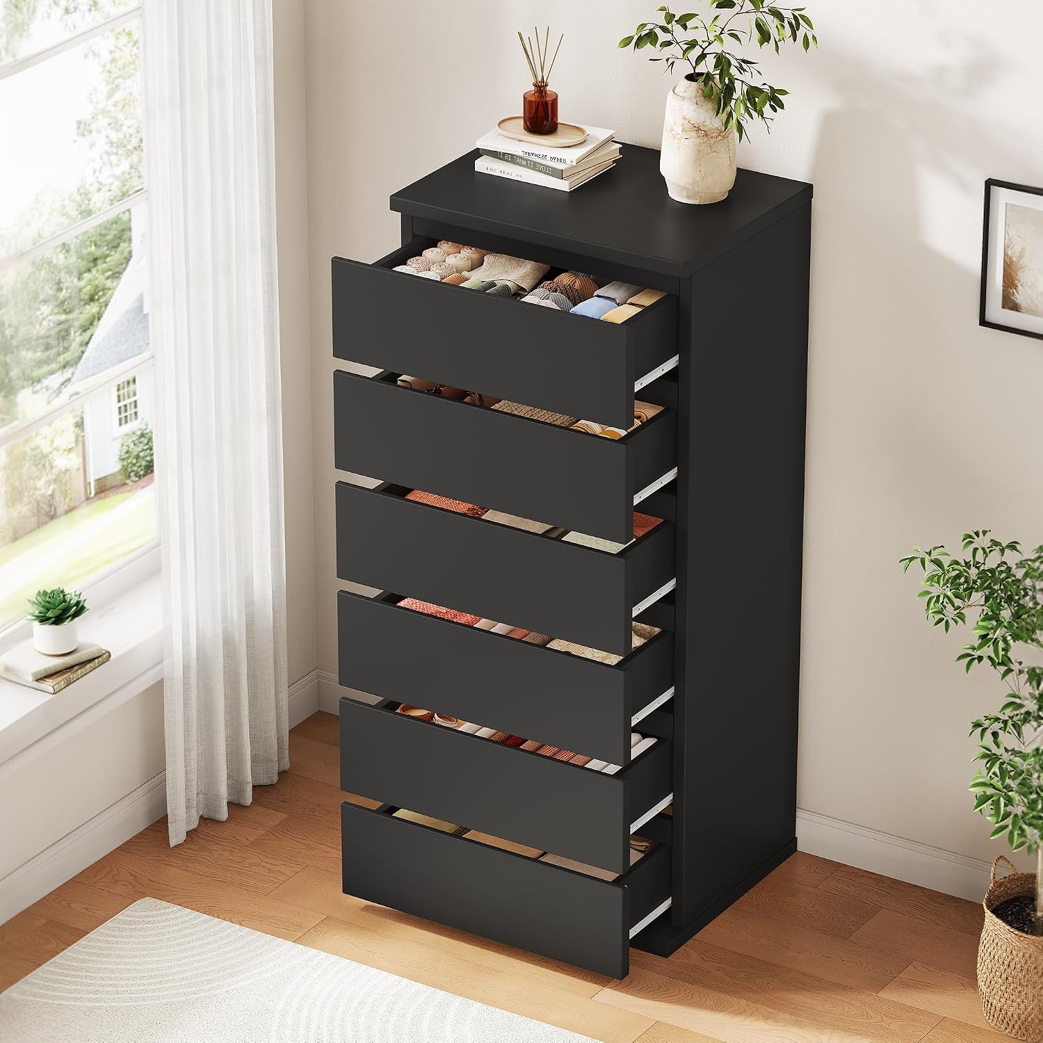 Black Handleless 6 Drawer Tall Wooden Dresser