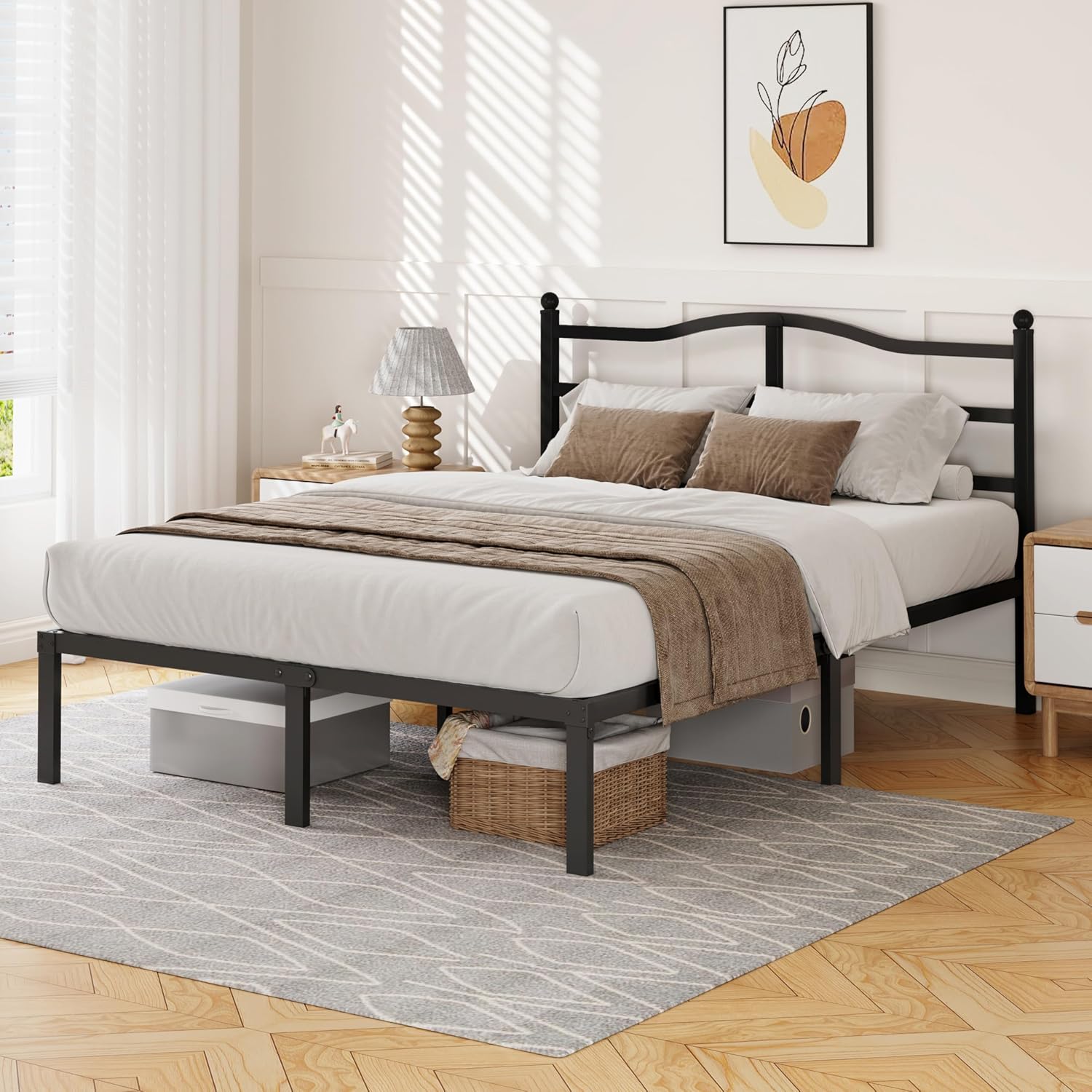 King Metal Bed Frame Steel Slats Headboard
