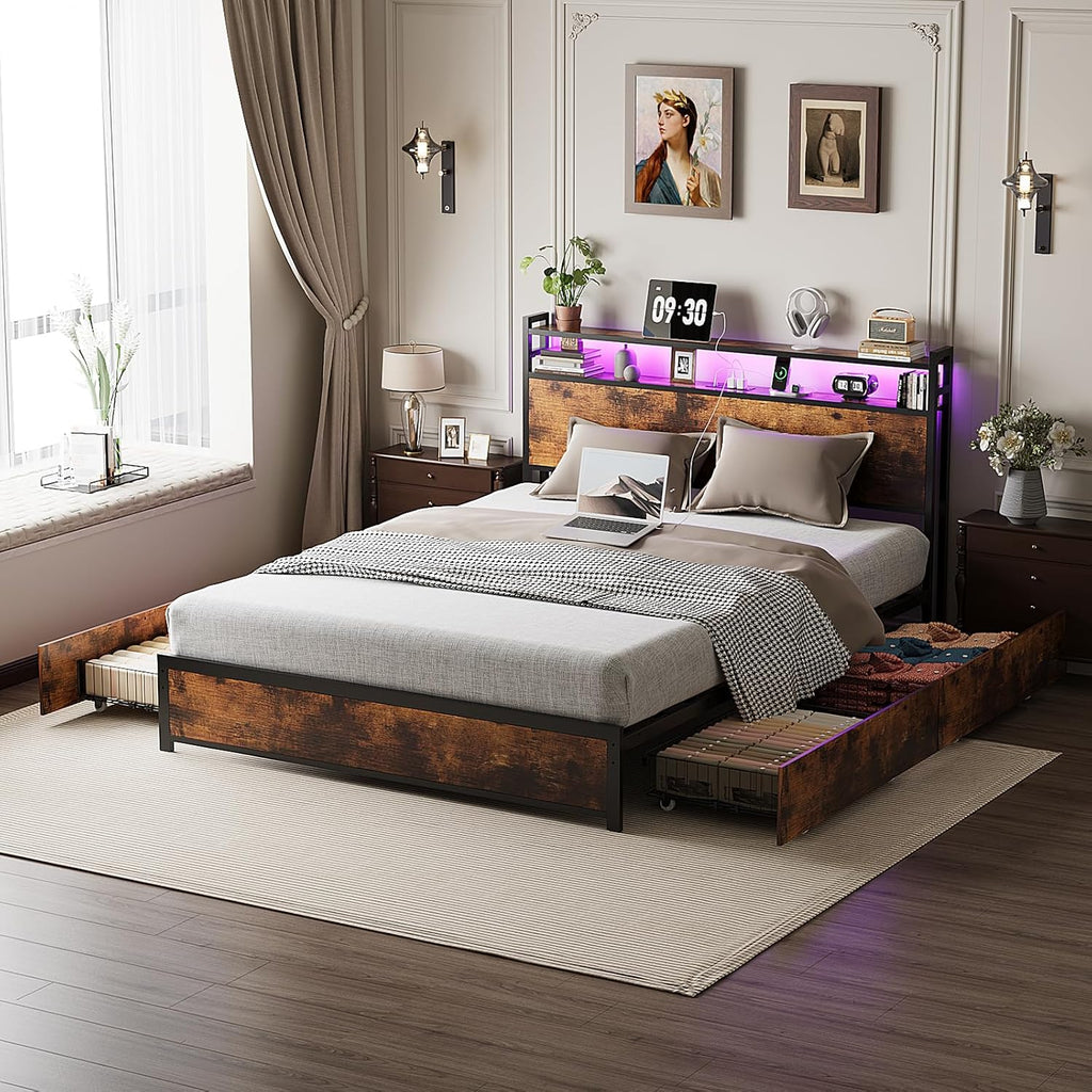 Brown King LED Storage Metal Bed Frame